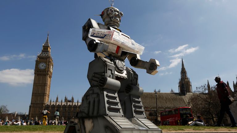 A robot in front of the Houses of Parliament as part of the Campaign To Stop Killer Robots