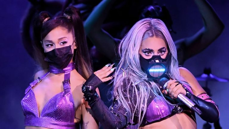 Grande performing with Lady Gaga at the MTV Video Music Awards earlier this year