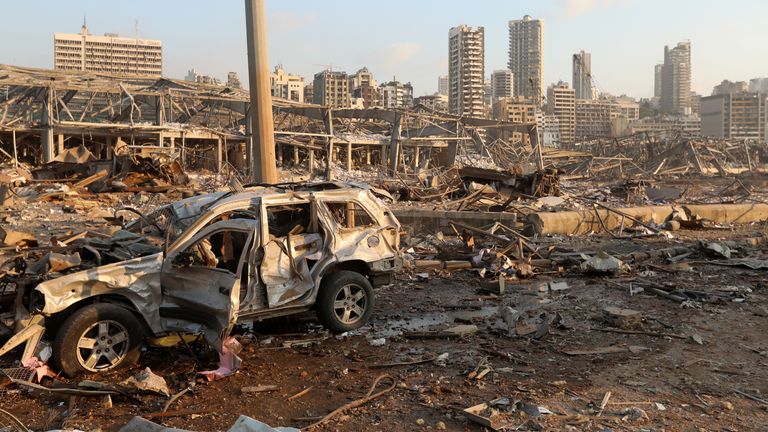 A damaged vehicle is seen at the site of an explosion in Beirut, Lebanon August 4, 2020. REUTERS/Mohamed Azakir