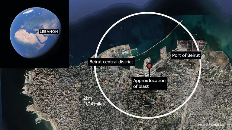 Map of Beirut showing approximate location of the blast, and a 2km radius - as the effects of the explosion were felt across the city