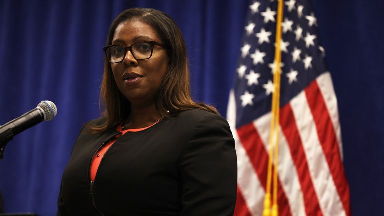 New York State Attorney General Letitia James speaks during a news conference announcing the lawsuit