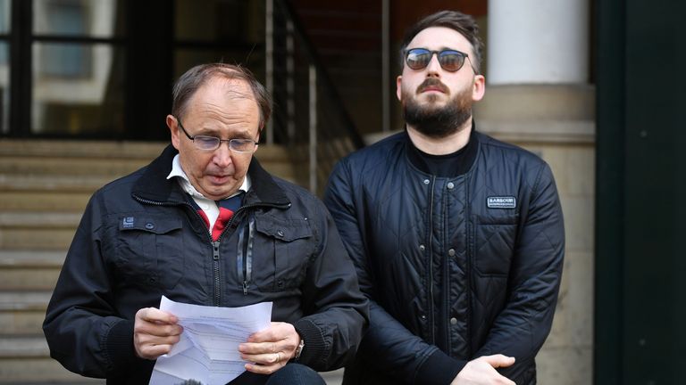 File photo dated 17/03/20 of Paul Hett, father of Manchester Arena attack victim Martyn Hett, (with Martyn&#39;s brother Matt, right) speaking outside Manchester Minshull Court. Figen Murray, Martyn&#39;s mother, has described how she had to "switch the emotions off" when she came face-to-face with one of the two brothers responsible for the massacre.