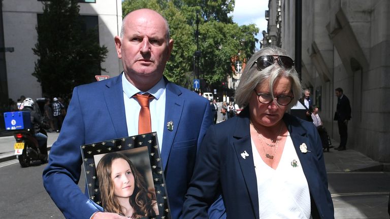 (Left and centre) Michael and Joanne Hurley the parents of Megan Hurley, 15, a victim of the Manchester Arena bombing, leave the Old Bailey in London, after terrorist Hashem Abedi was handed a record-breaking 55-year minimum term.