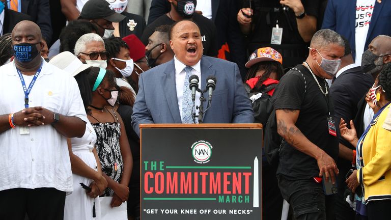 Martin Luther King III, eldest son of Rev. Martin Luther King Jr., speaks at the "Get Your Knee Off Our Necks" Commitment March