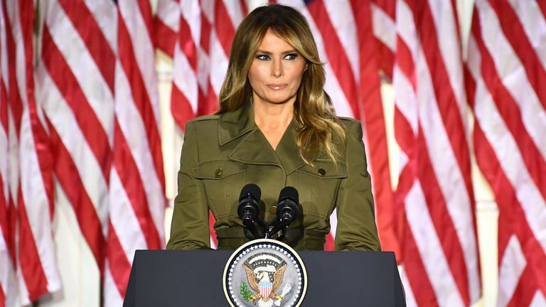 Melania Trump addresses the Republican Convention during its second day from the Rose Garden of the White House