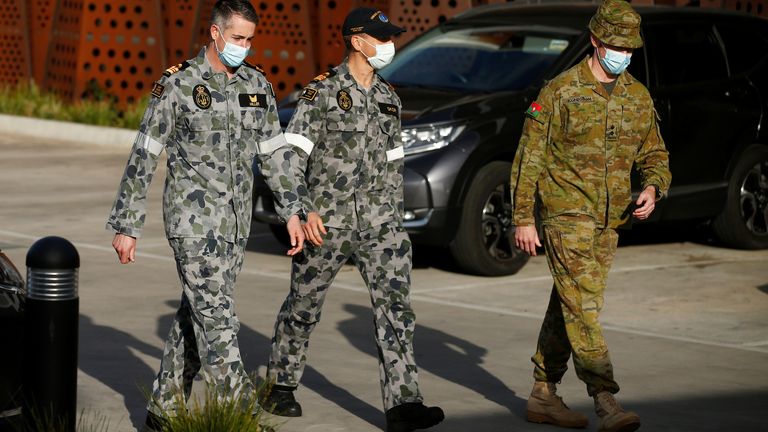 Military staff are seen at a care facility during the coronavirus outbreak in Melbourne

