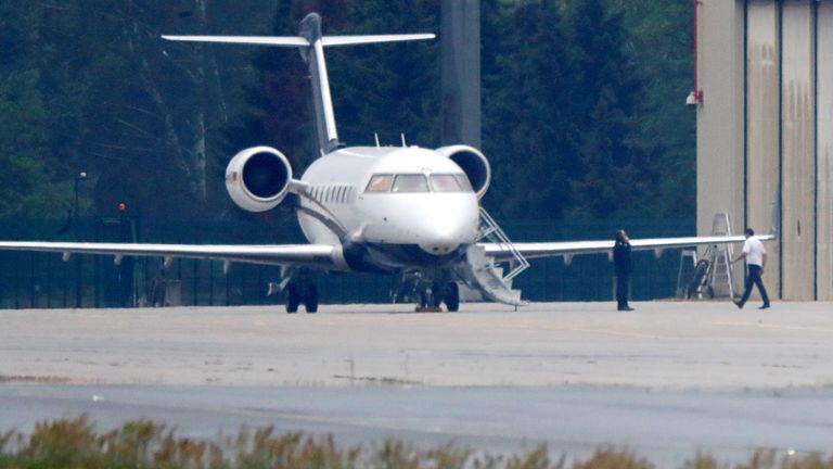 The emergency medical plane transporting Mr Navalny lands at the Tegel airport in Berlin