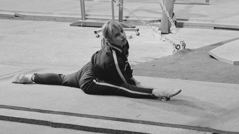 Belorussian gymnast Olga Korbut training at Wembley for the European Championships, London, UK, 25th October 1973. (Photo by P. Floyd/Daily Express/Hulton Archive/Getty Images)