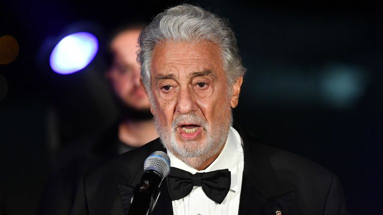 Placido Domingo speaks as he is awarded for his life's work at the 2020 Austrian Music Theatre Prize ceremony on August 6, 2020 in Salzburg