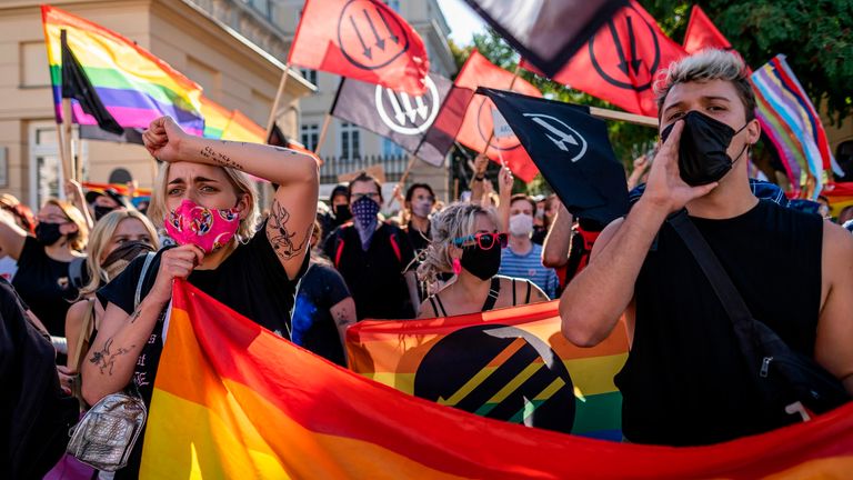 Members of the LGBT community stage a protest during a counter-demonstration against a demonstration of Polish nationalist and far right organisations