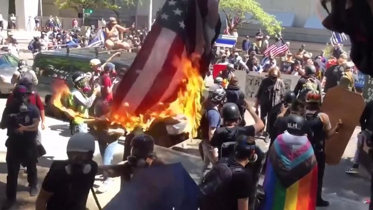 Protesters and counter-protesters face off against one another in Portland, Oregon