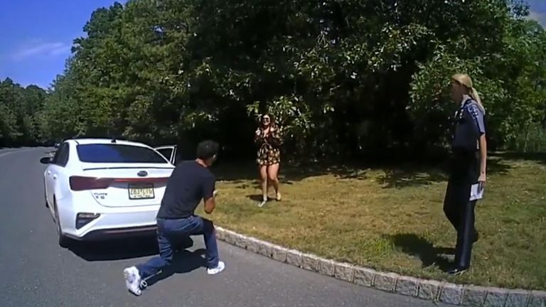 Police officers in Manchester Township, New Jersey, staged a traffic stop with a difference on August 6 when they helped a man propose to his girlfriend, whose father, Command Support Assistant Ron Rhein, works for the local police.