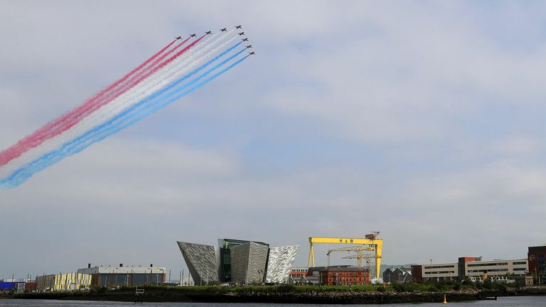 The Red Arrow fly over Belfast on the 75th anniversary of VJ Day