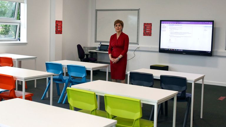 Scotland&#39;s first minister Nicola Sturgeon visited West Calder High School in West Lothian to see how staff were preparing to welcome students back