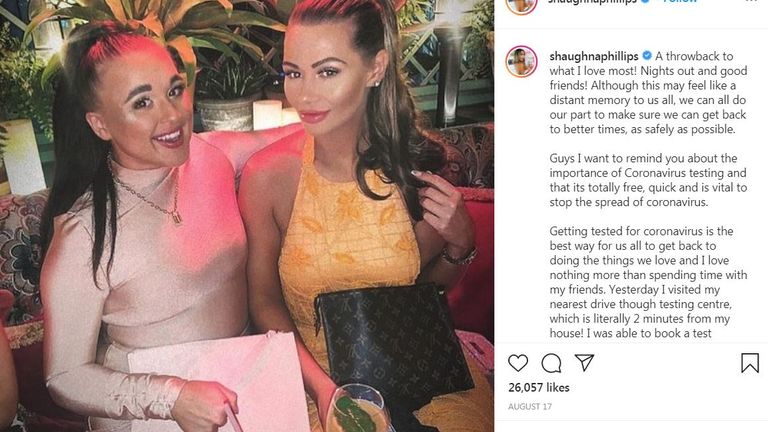 Former Love Island star Shaughna Phillips reminded her fans to get tested for coronavirus. Pic: Instagram/Shaughna Phillips
