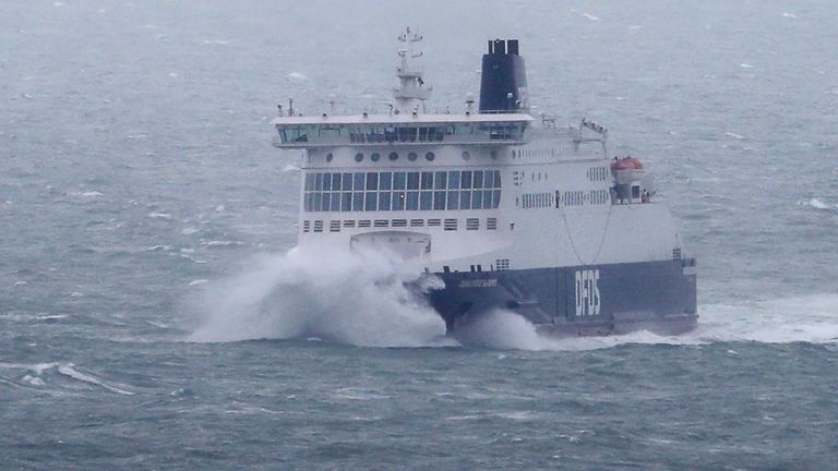 A DFDS ferry arrives in bad weather at the Port of Dover in Kent, as winds of up to 70mph are expected along the coast during the next 36 hours along with up to 90mm of rain as Storm Francis hit the UK.