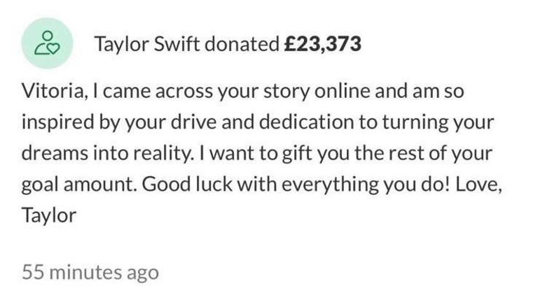 Taylor Swift donated £23,373 to Vitoria Mario&#39;s GoFundMe page