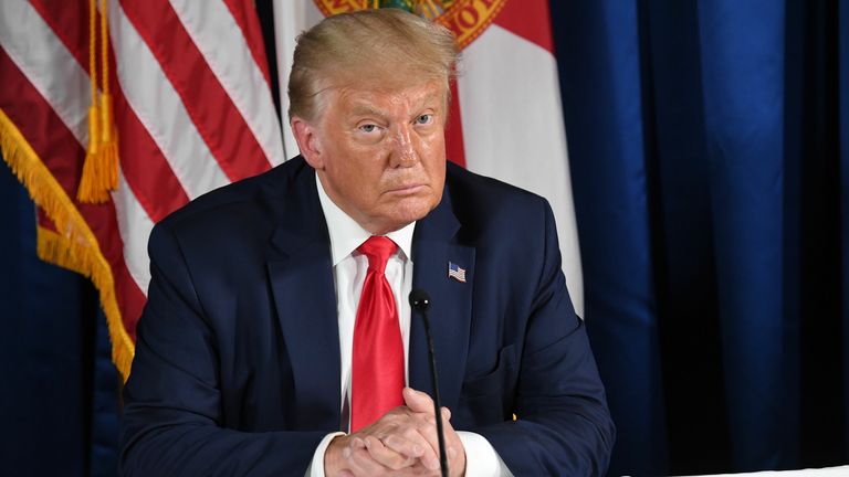 US President Donald Trump holds a COVID-19 and storm preparedness roundtable in Belleair, Florida, July 31, 2020