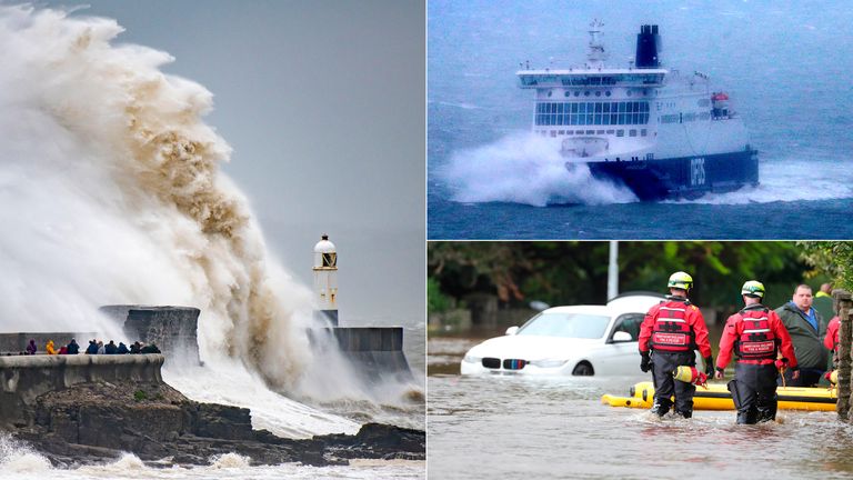 Waves crash against the harbour wall in Prthcawl, a ferry arrives at the Port of Dover, emergency services in Newcastle. Pics: Getty/PA/Press Eye Ltd/Shutterstock