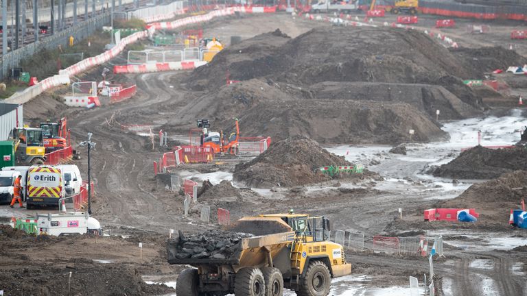 Construction work on Old Oak Common in West London where the underground platforms for HS2 will connect with Elizabeth Line trains (Crossrail), Heathrow and Central London.