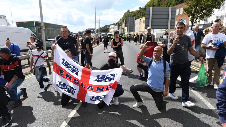 Anti-migrant protesters demonstrate in Dover against immigration and the journeys made by refugees crossing the Channel to Kent.
