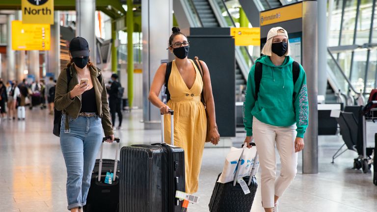 (left to right) Alex Parr, Carmen Jones and Neringa Juskauskaite who have arrived in from Pula, Croatia to London Heathrow Airport and now how to self isolate for 14 days.