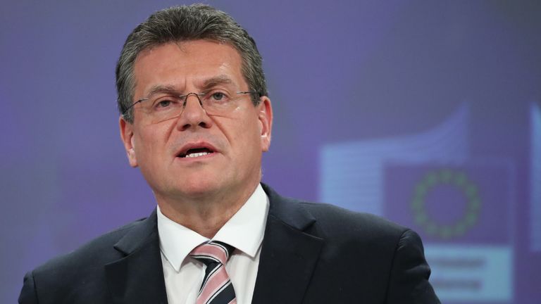 European Commission vice-president Maros Sefcovic addresses a press conference following an EU ministers' meeting at the European Commission Headquarters in Brussels on January 29, 2020, as Brexit Day is to be set in stone today when the European Parliament in Brussels casts a vote ratifying the terms of Britain's divorce deal from the EU. (Photo by Aris Oikonomou / AFP) (Photo by ARIS OIKONOMOU/AFP via Getty Images)