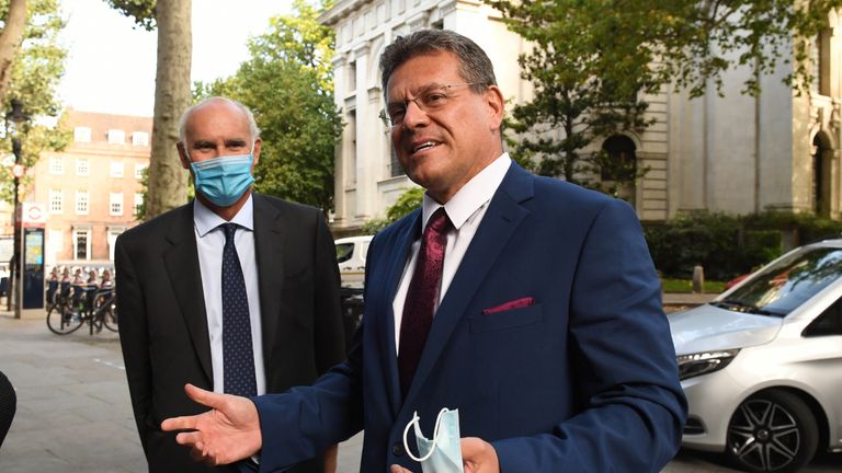 EU Commission vice-president Maros Sefcovic (right) and EU Ambassador to the UK, Portuguese diplomat Joao Vale de Almeida, arrive at EU House, London. Mr Sefcovic has travelled to London to meet Michael Gove for an extraordinary meeting of the Joint Committee between the UK and EU.