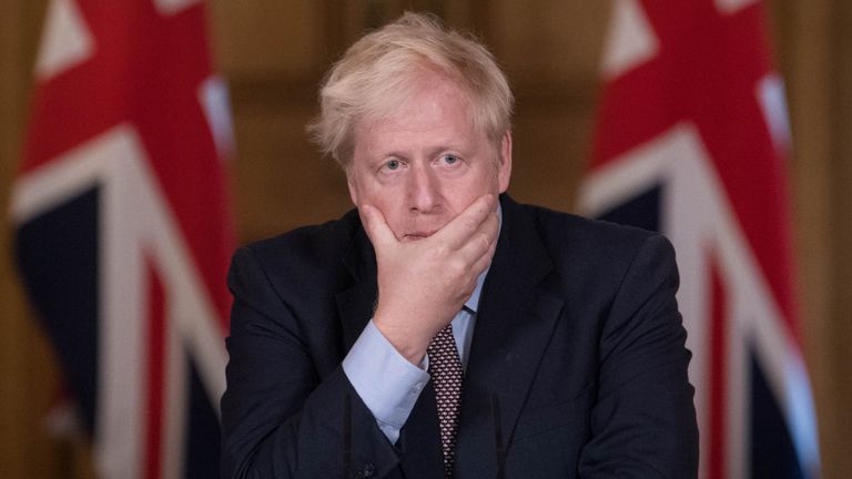 Prime Minister Boris Johnson during a virtual press conference at Downing Street, London, following the announcement that the legal limit on social gatherings is set to be reduced from 30 people to six. The change in the law in England will come into force on Monday as the Government seeks to curb the rise in coronavirus cases.