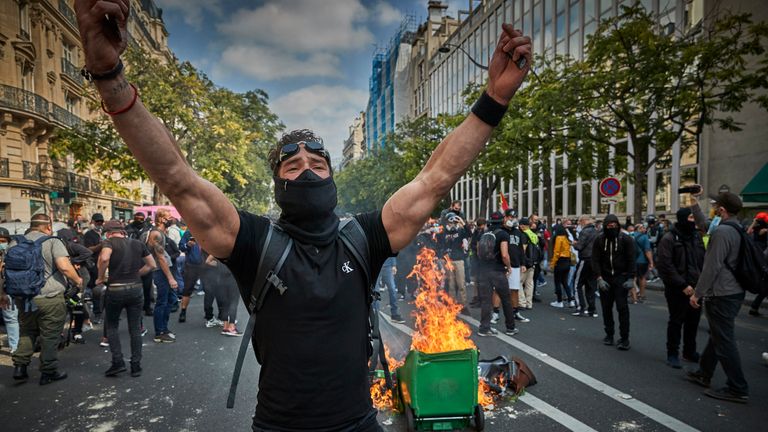 PARIS, France - September 12: Police in riot gear stormed a rally on Friday, removing hundreds of protesters by truck. Police in riot gear stormed a rally on Friday, removing hundreds of protesters by truck.  In their two years of competitive civil disobedience, Gillette Jones has called for continued political and social reform amid the public health crisis.  (Photo by Kiran Ridley / Getty Images)