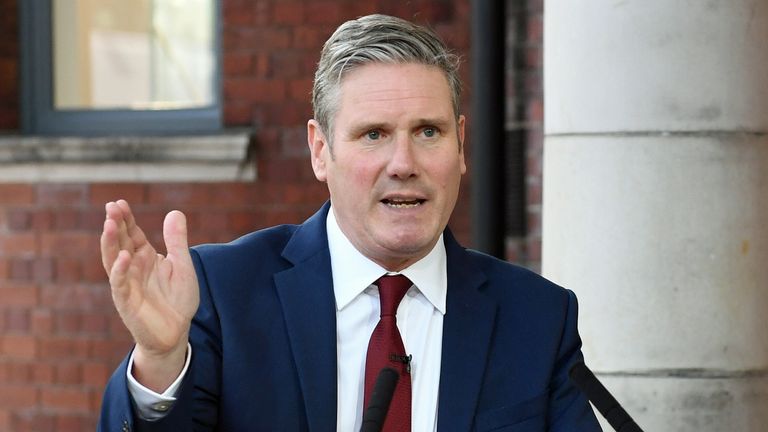 Labour leader Sir Keir Starmer delivers his keynote speech during the party&#39;s online conference from the Danum Gallery, Library and Museum in Doncaster.