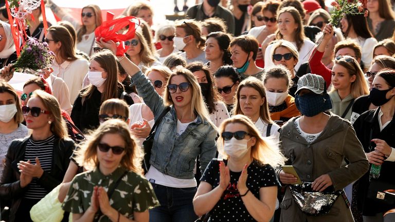 Women at an opposition rally  in Minsk to protest the inauguration of Alexander Lukashenko 