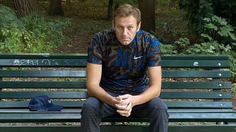 Alexei Navalny sit on a park bench in Berlin, after being discharged from hospital. Pic: @navalny