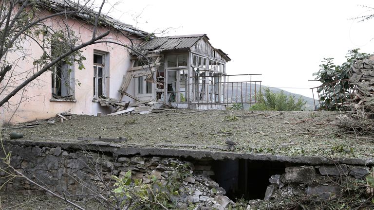A view shows a house, which locals said was damaged during a recent shelling by Azeri forces, in the town of Martuni in the breakaway Nagorno-Karabakh region, September 28, 2020. Hayk Baghdasaryan/Photolure via REUTERS ATTENTION EDITORS - THIS IMAGE HAS BEEN SUPPLIED BY A THIRD PARTY.