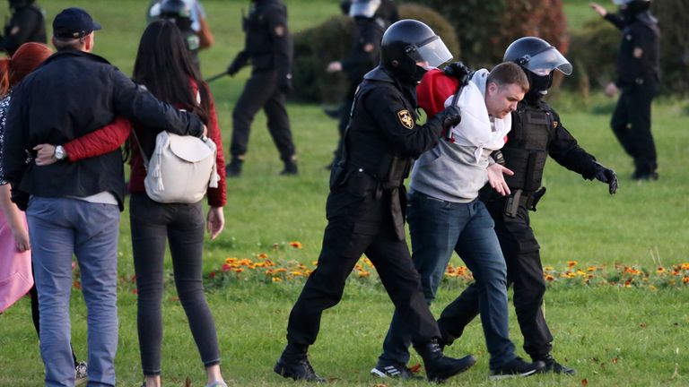 BELARUS-POLITICS-UNREST-DEMO
Riot police officers detain a man during an opposition rally to protest against the presidential inauguration in Minsk, on September 23, 2020. - Belarus leader Alexander Lukashenko held his presidential inauguration in secret on September 23, 2020, after claiming victory in disputed polls that his opposition rivals have described as massively rigged. (Photo by - / TUT.BY / AFP) (Photo by -/TUT.BY/AFP via Getty Images)