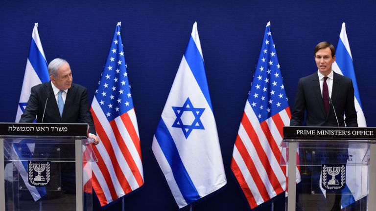 Israeli Prime Minister Benjamin Netanyahu (L) and US Presidential adviser Jared Kushner last month