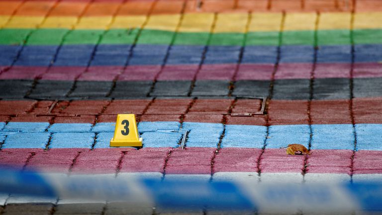 An evidence marker is seen near the scene of reported stabbings in Birmingham, Britain, September 6, 2020