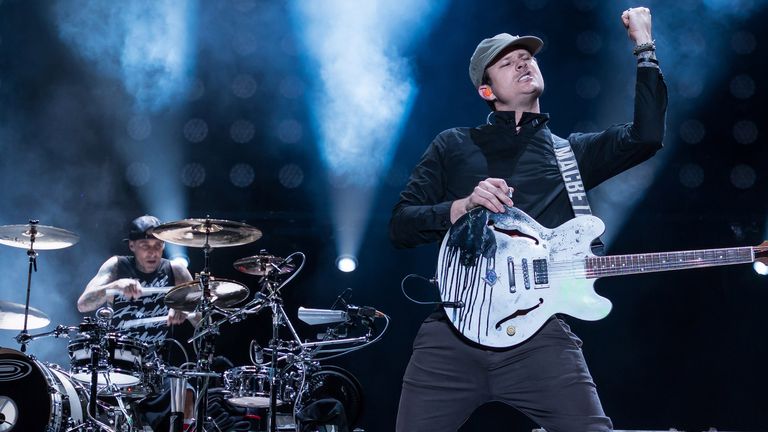 Travis Barker and Tom DeLonge of Blink-182 perform at the Reading Festival in August 2014