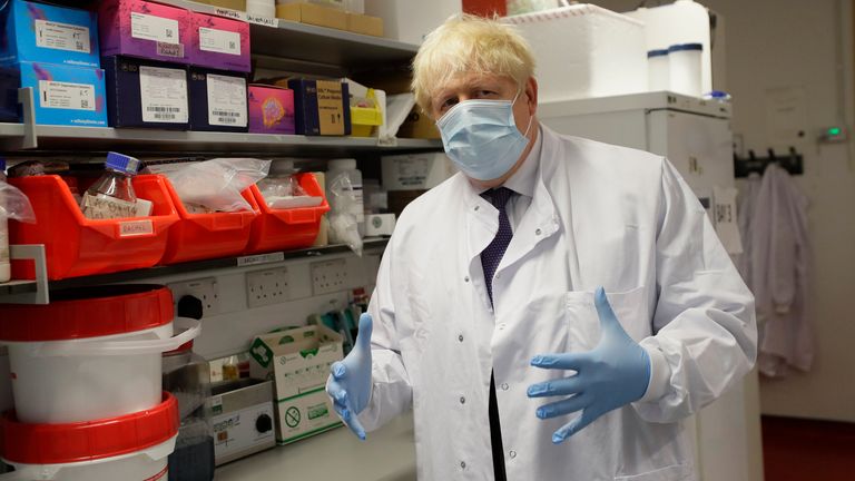 Britain&#39;s Prime Minister, Boris Johnson gestures during a visit to the Jenner Institute on September 18, 2020 in Oxford, England. The Prime Minister toured the laboratory and met scientists who are leading the COVID-19 vaccine research. (Photo by Kirsty Wigglesworth - WPA Pool/Getty Images)