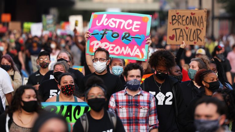 People march for the third day since the release of the grand jury report on the death of Breonna Taylor on September 26, 2020 in Louisville, Kentucky.