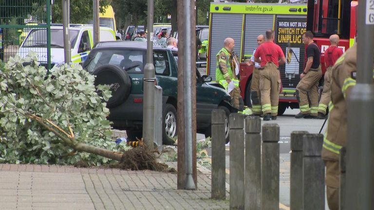The car mounted the pavement near a school