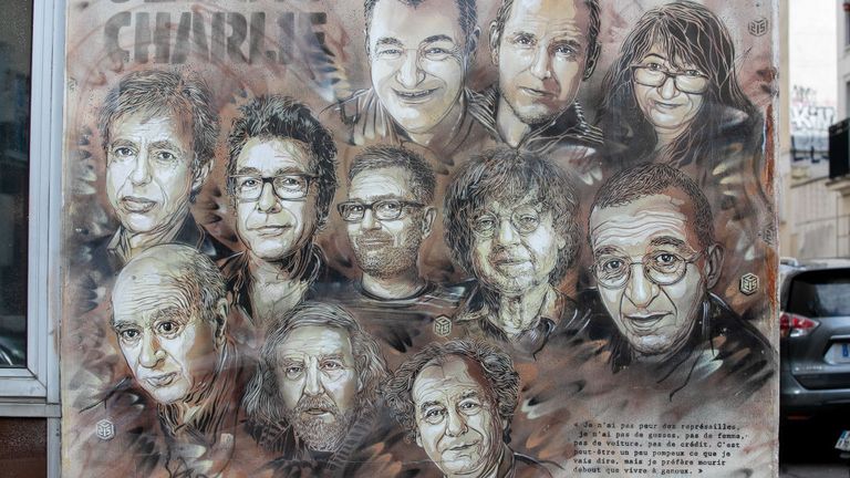 A painting in tribute to workers from the Charlie Hebdo newspaper who were killed in the terror attack