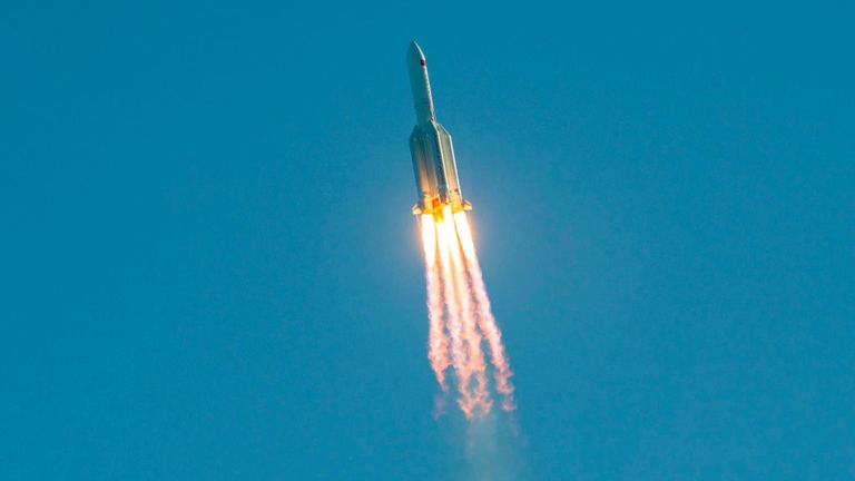 A Long March 5B rocket lifts off from the the Wenchang launch site on China's southern Hainan island on May 5, 2020. - Chinese state media reported the "successful" launch of a new rocket on May 5, a major test of its ambitions to operate a permanent space station and send astronauts to the Moon. (Photo by STR / AFP) / China OUT (Photo by STR/AFP via Getty Images)
