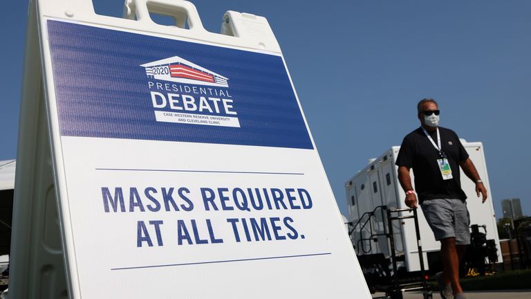 Workers prepare for the first debate at Case Western Reserve University in Cleveland