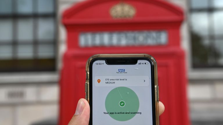 The newly launched contact tracing app, which uses Bluetooth technology to alert users if they spend 15 minutes or more within two metres (six feet) of another user who subsequently tests positive for the nove coronavirus COVID-19, is pictured on a smartphone in London on September 24, 2020. - The British government on Thursday finally launches its troubled smartphone app to help track the coronavirus in England and Wales -- four months behind schedule and with cases once again surging. (Photo b