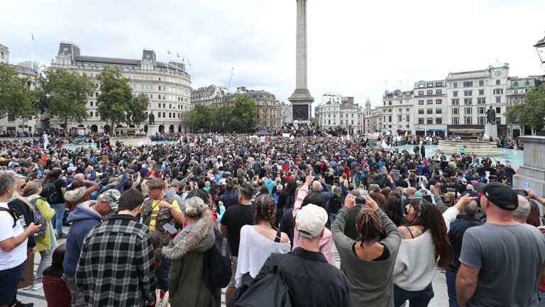 Anti-lockdown protesters, who believe the coronavirus pandemic is a hoax, gather at the 'Unite For Freedom' rally in Trafalgar Square.