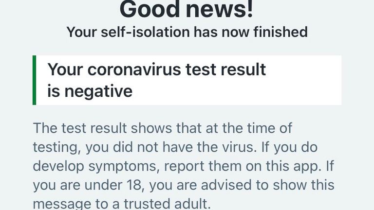 Screenshot from NHS track and trace app send if someone gets a negative COVID-19 test. Pic: Roland Manthorpe