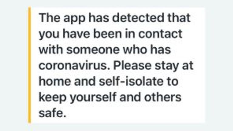 Message recieved by NHS track and trace app if you need to self-isolate. Pic: Roland Manthorpe