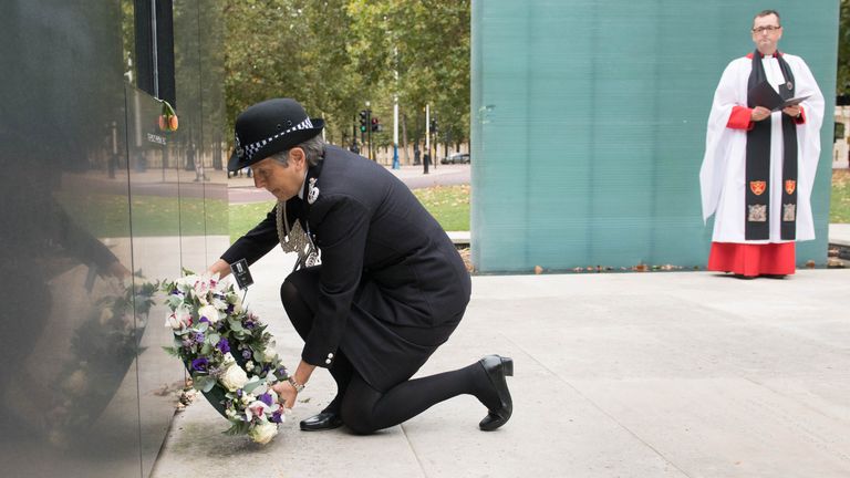 Metropolitan Police Commissioner Dame Cressida Dick lays a wreath at the National Police Memorial in London to mark National Police Memorial Day
