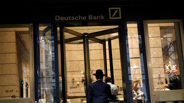 A man enters the lobby of the U.S. headquarters of Deutsche Bank in New York City, U.S., July 8, 2019. REUTERS/Andrew Kelly